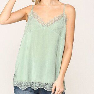 Ladie Sleek Satin Green Size Large Cami Top Lace Detail Side Slits